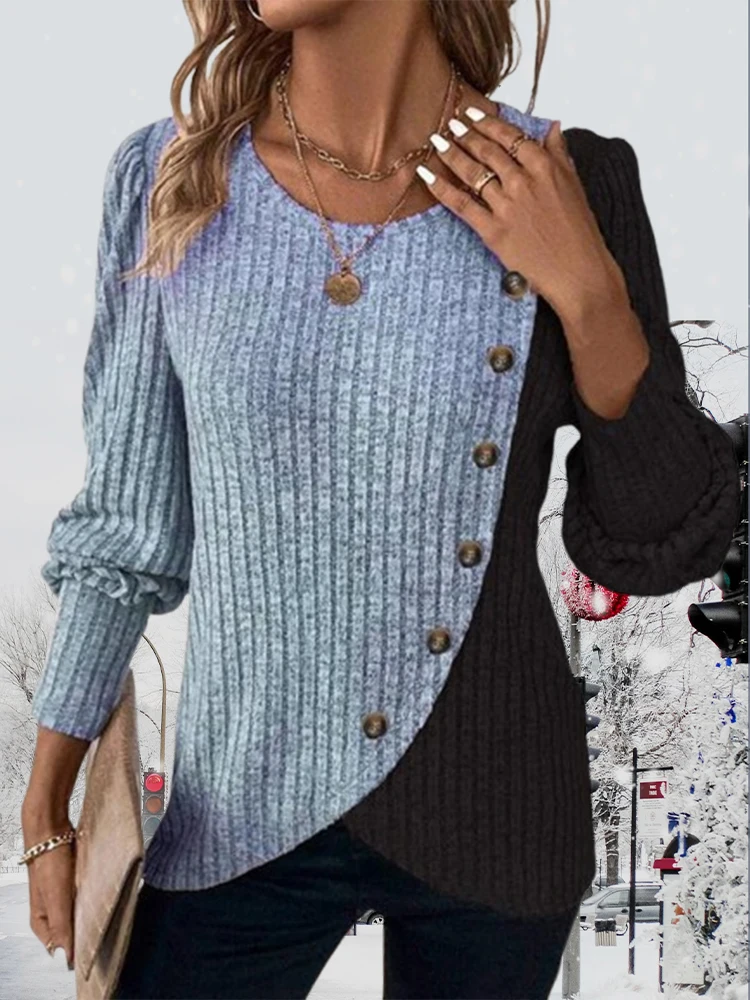 Herbst Langarm Tasten Pit Gestreiften Frauen Pullover Kontrast Farbe Lange Hülse O-ansatz Pullover Lose Einfache Gestrickte Kleidung – Bild 6
