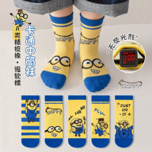 5 Paar Minions-Socken, mittellang, niedliche Cartoon-Anime-Socken, schweißabsorbierende, atmungsaktive Baumwollsocken, geeignet für 1–12 Jahre, Geschenk