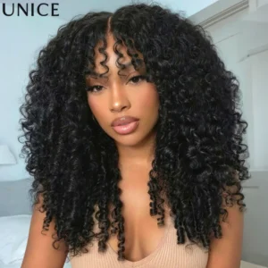 UNice Burmesische Lockenperücke mit Pony & Fingerlockenenden 7x5 Bye-Bye Slip Lace Glueless Echthaarperücke sofort tragbar 150% Dichte