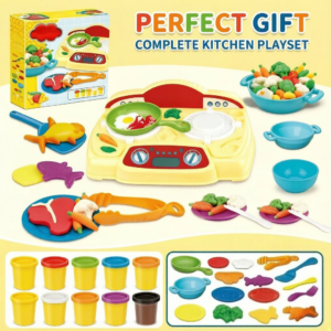 Buntes Spielküchen-Set mit Knetmasse & Geschirr, multifunktionales Kochspielzeug, lehrreiches Geschenk für Kinder.