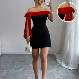 Women Off Shoulder Mini Dress Red Big Bow Spliced Bodycon Short Dresses Elegant Slim Fit Black Little Dress Night Club Party Birthday Outfits Evening Gown