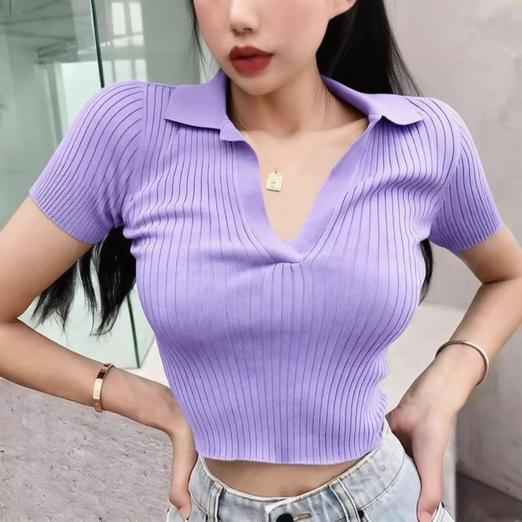 Womens Summer French Polo Knit Top Vintage Short Sleeve V Neck Slim Fit Crop Shirt Sexy Casual Solid Color Blouse Womens Summer French Polo Knit Top Vintage Short Sleeve V Neck Slim Fit Crop Shirt Sexy Casual Solid Color Blouse - Image 8