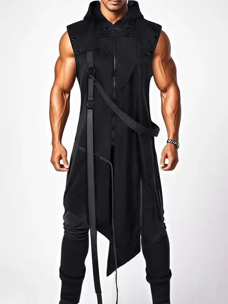 Futuristische Cyberpunk-Techwear Für Männer - Ärmellose Kapuzenweste, Asymmetrischer Schwarzer Mantel Mit Riemen, Streetwear Futuristische Cyberpunk-Techwear Für Männer - Ärmellose Kapuzenweste, Asymmetrischer Schwarzer Mantel Mit Riemen, Streetwear - Image 7