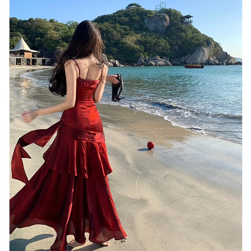 Langes Abendkleid Mit Spaghettiträgern Und Rüschen, Ärmellos Langes Abendkleid Mit Spaghettiträgern Und Rüschen, Ärmellos – Bild 6