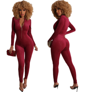 Women Corduroy Jumpsuit Long Sleeve Front Zip Bodycon One Piece Pants Outfit Solid Color Skinny Clubwear Jumpsuits