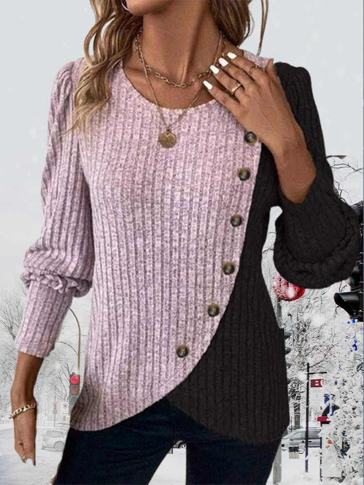 Herbst Langarm Tasten Pit Gestreiften Frauen Pullover Kontrast Farbe Lange Hülse O-ansatz Pullover Lose Einfache Gestrickte Kleidung – Bild 5