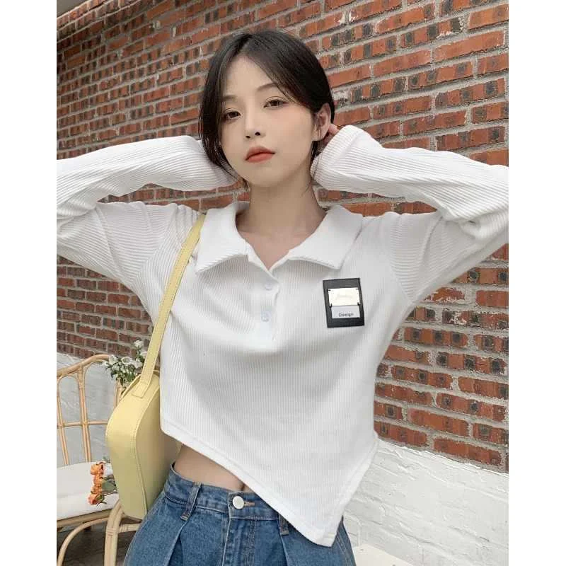 Frühherbstliches Klein-Blau Langarm-Poloshirt Für Damen, Stilvolles Figurbetonendes Unregelmäßiges Crop-Top Frühherbstliches Klein-Blau Langarm-Poloshirt Für Damen, Stilvolles Figurbetonendes Unregelmäßiges Crop-Top - Image 2