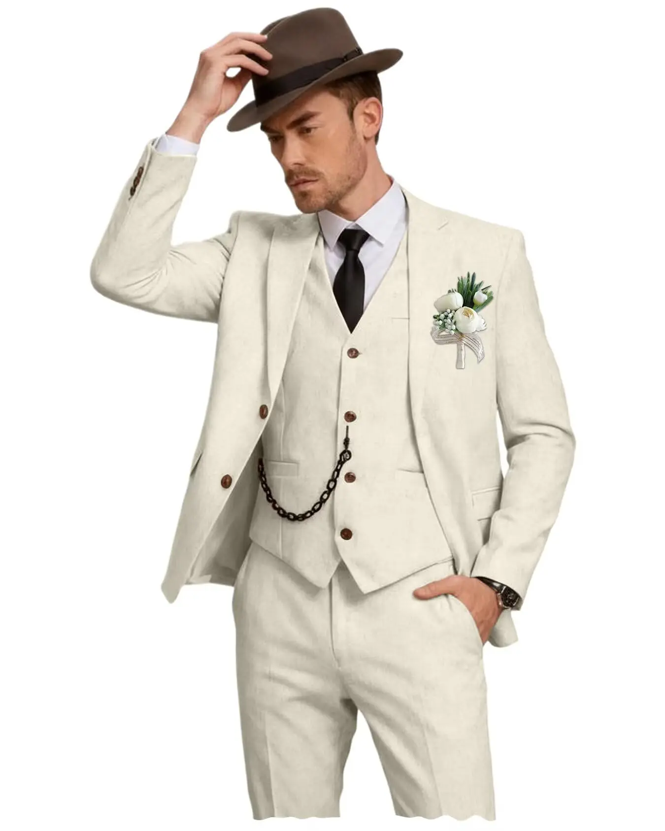 Herren Leinenanzug 3-Teilig, Slim Fit: Sakko, Weste Und Hose Herren Leinenanzug 3-Teilig, Slim Fit: Sakko, Weste Und Hose - Image 13