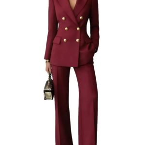 Burgundy Lady Blazer Pant Suits Sets 2 Pcs Women Double Breasted Peak Lapel Jacket Straight Trousers Set Female Office Outfits