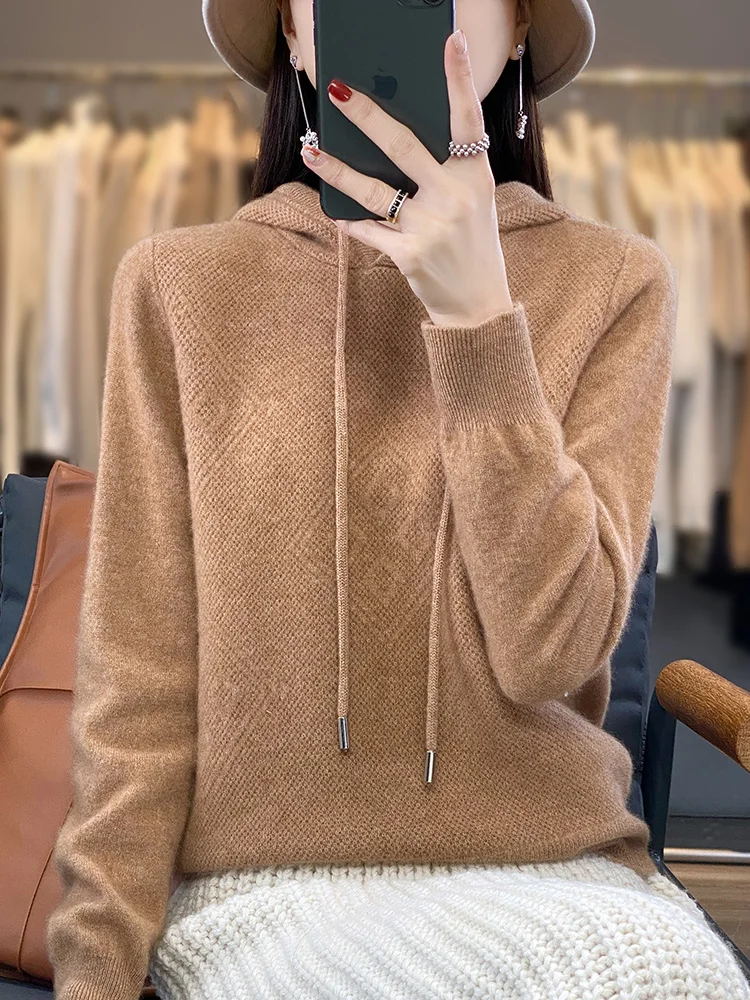 2026 Herbst/Winter Merinowolle Damen Mode Basic Woll-Kapuzenpullover Einfarbig Weicher Langarm Woll-Pullover 2026 Herbst/Winter Merinowolle Damen Mode Basic Woll-Kapuzenpullover Einfarbig Weicher Langarm Woll-Pullover – Bild 3