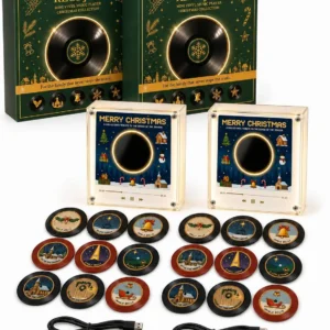 Weihnachts-Vinyl-Plattenspieler-Kühlschrank-Magnet-Musikbox-Set mit 9 Vinyl-Schallplatten, geeignet für Weihnachtsdekoration und Geschenke