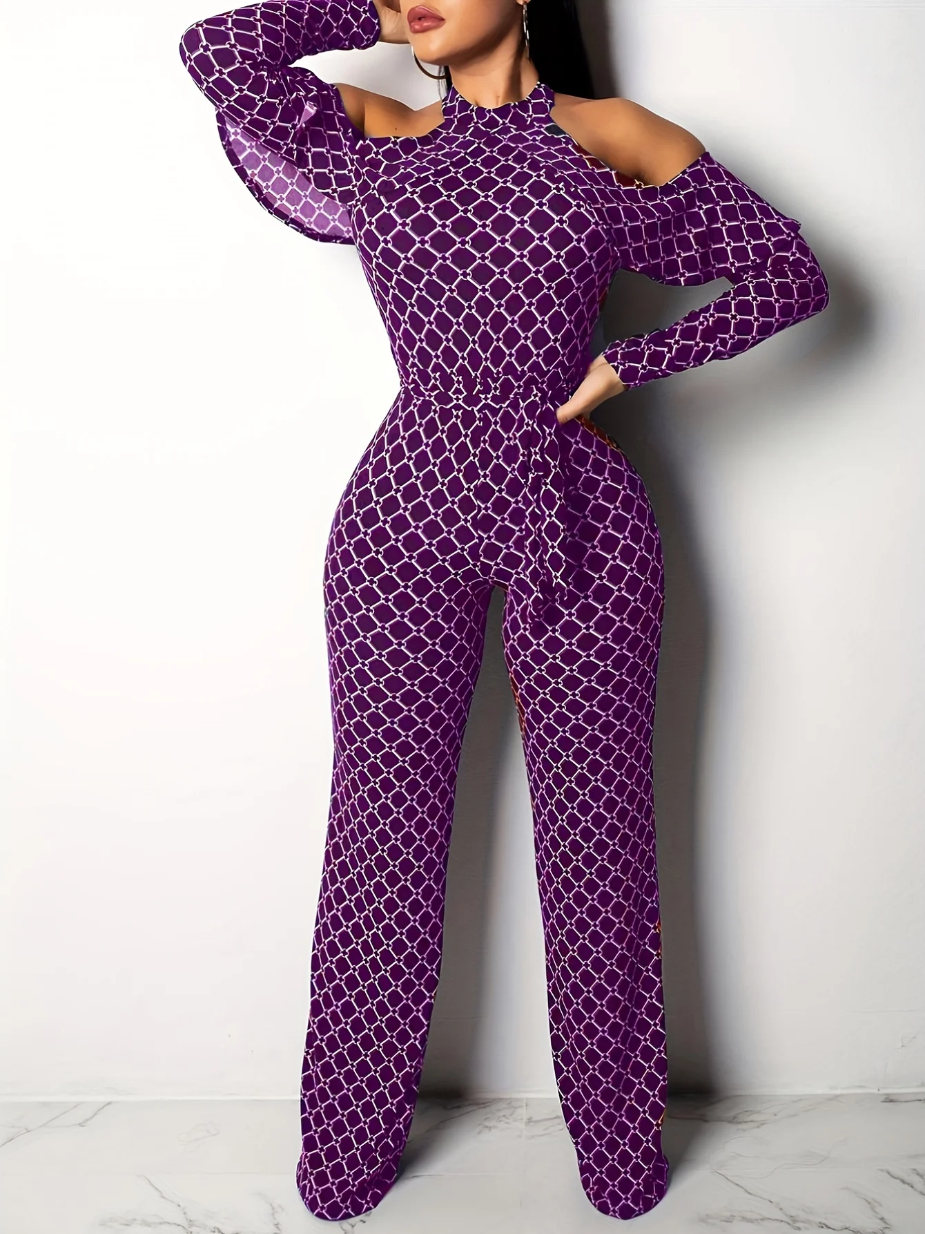 Plaid Print Stram Pler Damen Overall Von Der Schulter Rüschen Langarm Bandage Insgesamt Elegante Gürtel Plus Größe Weites Bein Bodysuit Plaid Print Stram Pler Damen Overall Von Der Schulter Rüschen Langarm Bandage Insgesamt Elegante Gürtel Plus Größe Weites Bein Bodysuit - Image 2