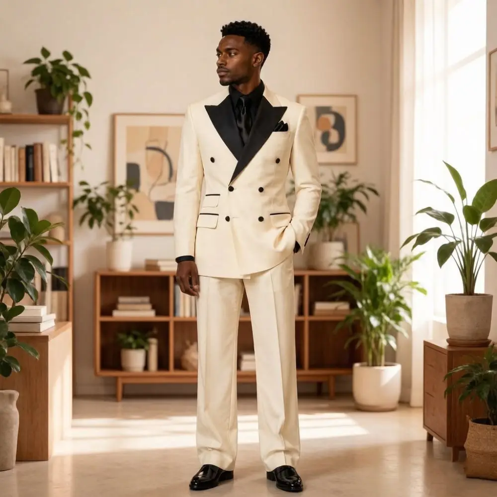Elegant Double Breasted White Suits For Men Luxury Satin Lapel Groom 2 Pieces Mix Match Separates Hotel Wedding Banquet Style Elegant Double Breasted White Suits For Men Luxury Satin Lapel Groom 2 Pieces Mix Match Separates Hotel Wedding Banquet Style
