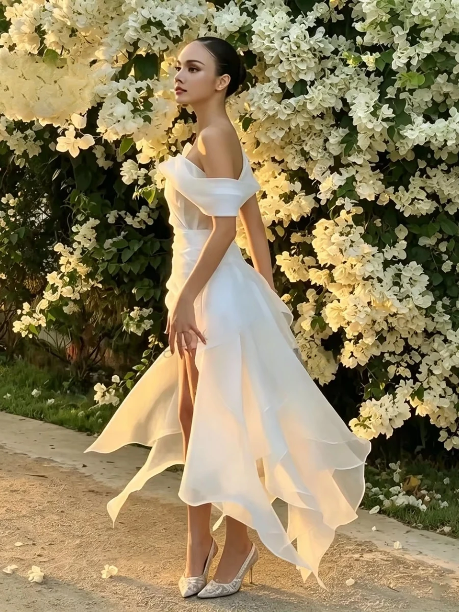 Off Shoulder Ruched Mini Wedding Dress High Low Ruffle Chiffon Train Corset Back Bridal Reception Dress Short Wedding Gown Beach Off Shoulder Ruched Mini Wedding Dress High Low Ruffle Chiffon Train Corset Back Bridal Reception Dress Short Wedding Gown Beach - Image 2