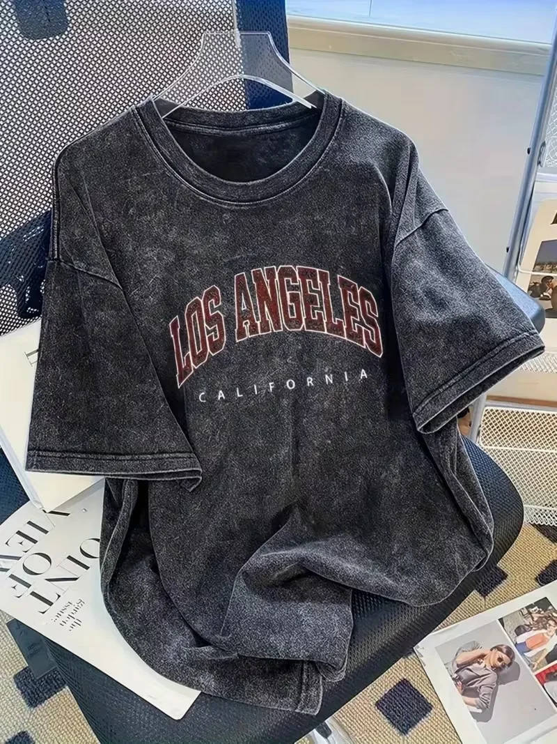Vintage Washed Los Angeles Arch Letter Graphic T-Shirt, Retro Usa City Casual Washed Black Crew Neck Short Sleeve Unisex Top Vintage Washed Los Angeles Arch Letter Graphic T-Shirt, Retro Usa City Casual Washed Black Crew Neck Short Sleeve Unisex Top - Image 7