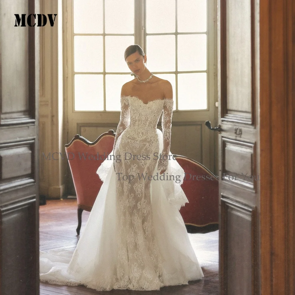 Meerjungfrau-Brautkleid Mit Spitze, Schulterfrei, Langärmlig, Nach Maß Meerjungfrau-Brautkleid Mit Spitze, Schulterfrei, Langärmlig, Nach Maß