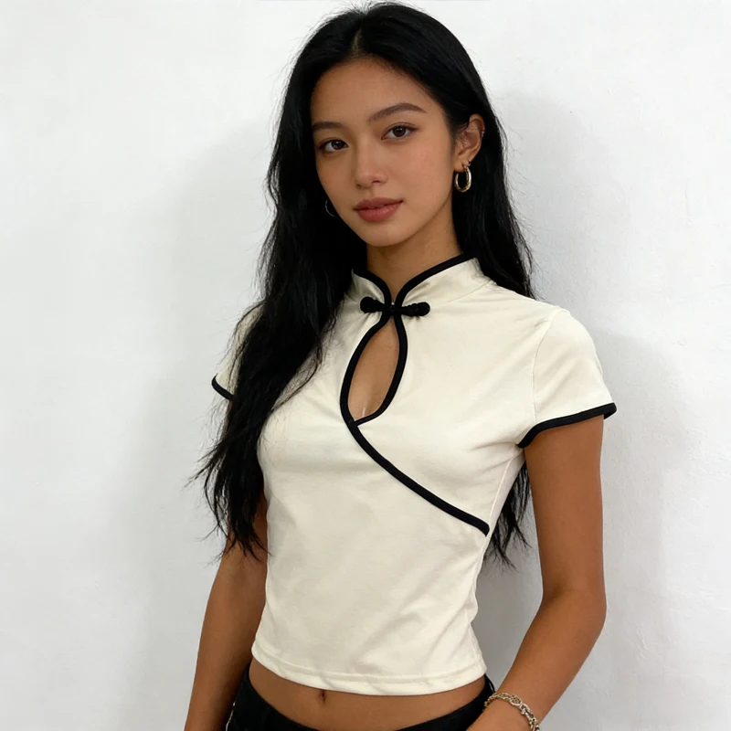 Damen-Bluse Im Chinesischen Stil, Beige, Cheongsam-Bluse, Vintage-Stil, Stehkragen, Kurze Ärmel, Bauchfreies Oberteil Mit Asymmetrischem Froschknopf Und Schlüsselloch Damen-Bluse Im Chinesischen Stil, Beige, Cheongsam-Bluse, Vintage-Stil, Stehkragen, Kurze Ärmel, Bauchfreies Oberteil Mit Asymmetrischem Froschknopf Und Schlüsselloch - Image 3