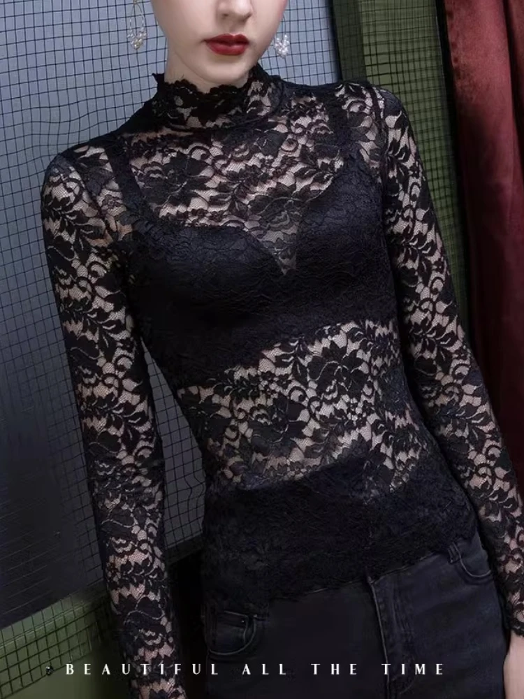 French High Neck Lace Blouse For Women, Spring And Summer Perspective Sexy Top, Winter Thick Long Sleeved Pullover Sweater French High Neck Lace Blouse For Women, Spring And Summer Perspective Sexy Top, Winter Thick Long Sleeved Pullover Sweater - Image 4