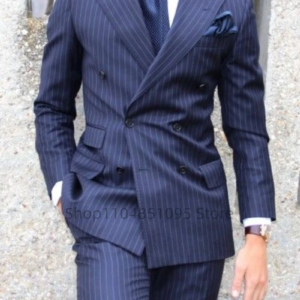 Herren Nadelstreifenanzug 2-teilig navy, zweireihig, spitzes Revers, Slim Fit