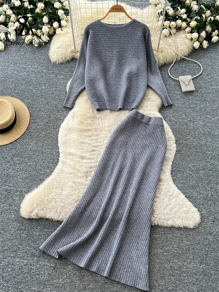 Singreiny Gestrickte Freizeit-Sets Für Den Herbst: Gestreifter O-Neck-Pullover + A-Linien-Bodycon-Maxirock, Schlanke, Minimalistische 2-Teilige Sets Für Damen Singreiny Gestrickte Freizeit-Sets Für Den Herbst: Gestreifter O-Neck-Pullover + A-Linien-Bodycon-Maxirock, Schlanke, Minimalistische 2-Teilige Sets Für Damen - Image 3