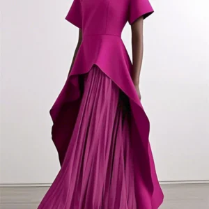 Yeezzi Elegantes Damen-Kleid für Hochzeitsbankett, Schößchen, 2025, neue kurze Ärmel, plissiert, unregelmäßiger Saum, Party-Abend-Maxikleider
