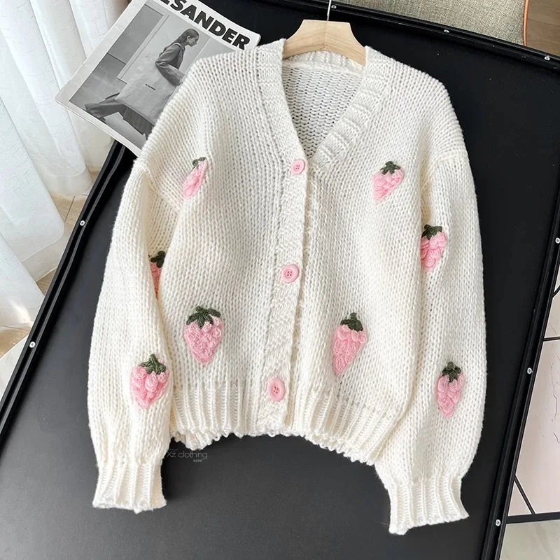 Süße Erdbeere, langärmelig, lose Strickjacken für Damen, Frühling und Herbst 2026, V-Ausschnitt, einreihig, Preppy-Stil, gestrickte Tops – Bild 4