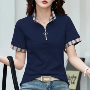 Europäische Station Polo kragen kariertes kurz ärmel iges T-Shirt Damen Sommer neue Mode leichte Luxus lose reine Baumwolle Top