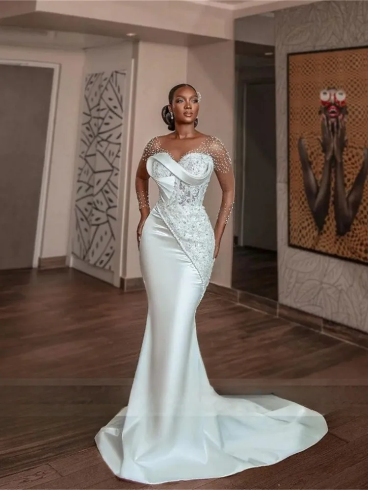 Pearls Beaded Mermaid African Wedding Dress Sheer O-Neck Long Sleeves Aso Ebi Engagement Gowns Corset Vestido De Customized Pearls Beaded Mermaid African Wedding Dress Sheer O-Neck Long Sleeves Aso Ebi Engagement Gowns Corset Vestido De Customized - Image 2