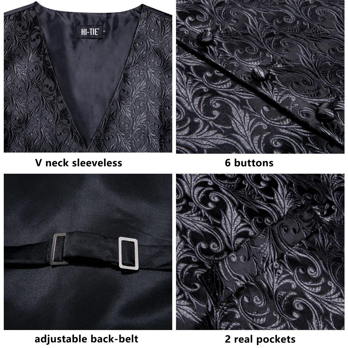 Herren Schwarzes Anzugwesten-Set Mit Krawatte, Einstecktuch Und Manschettenknöpfen - Jacquard Formelle Smoking-Weste Für Hochzeit, Business Und Partys Herren Schwarzes Anzugwesten-Set Mit Krawatte, Einstecktuch Und Manschettenknöpfen - Jacquard Formelle Smoking-Weste Für Hochzeit, Business Und Partys - Image 5