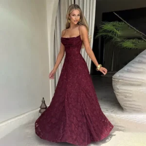 French Backless Tie Square Neck Jacquard Chiffon Elegant Dress Sexy Cami Double Layer Maxi Dresses Evening Wedding Graduation