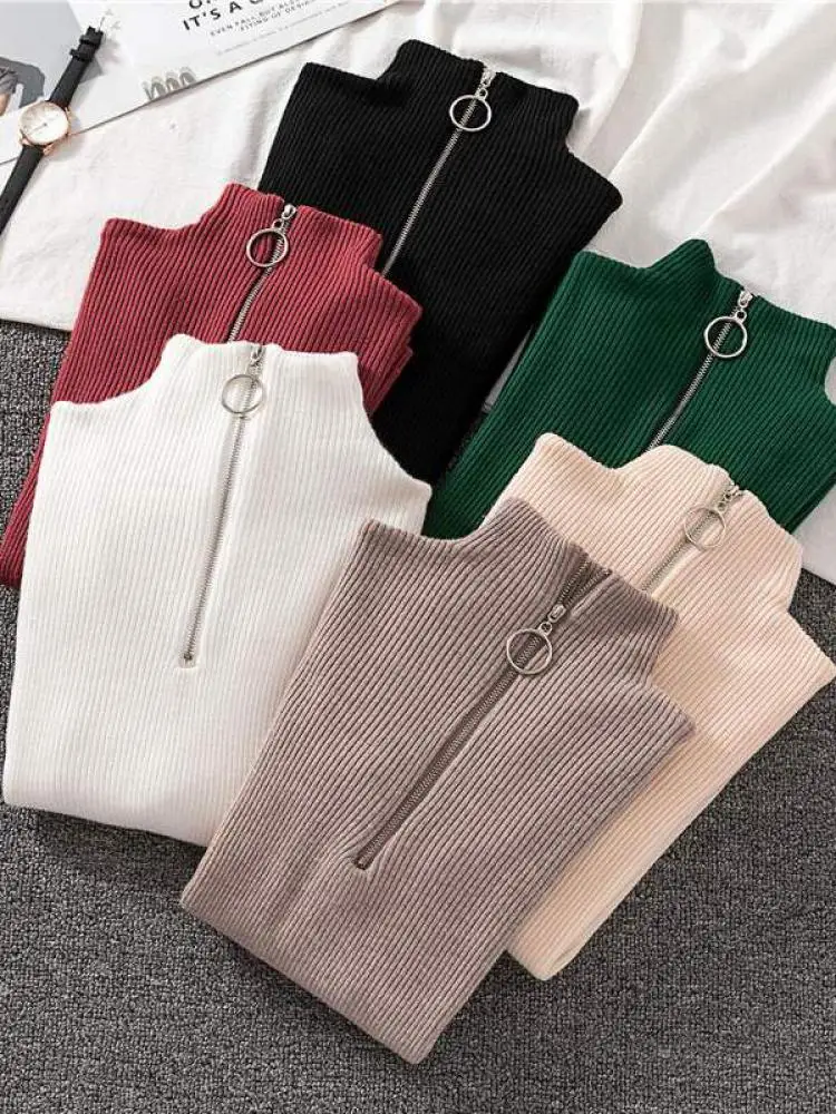 Frauen Mode Solide Gestrickte Pullover Vintage Langarm Reiß Verschluss Grundlegende Halbe Roll Kragen Pullover Weibliche Pullover Schicke Lässige Tops Frauen Mode Solide Gestrickte Pullover Vintage Langarm Reiß Verschluss Grundlegende Halbe Roll Kragen Pullover Weibliche Pullover Schicke Lässige Tops – Bild 2
